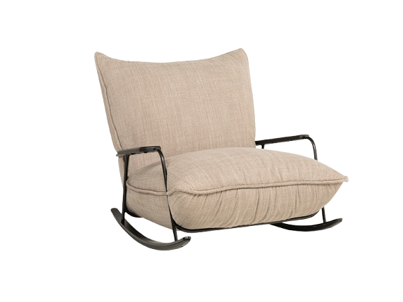 Beiger Schaukelstuhl mit Metallrahmen und Stoffpolsterung, ideal für entspannte Stunden