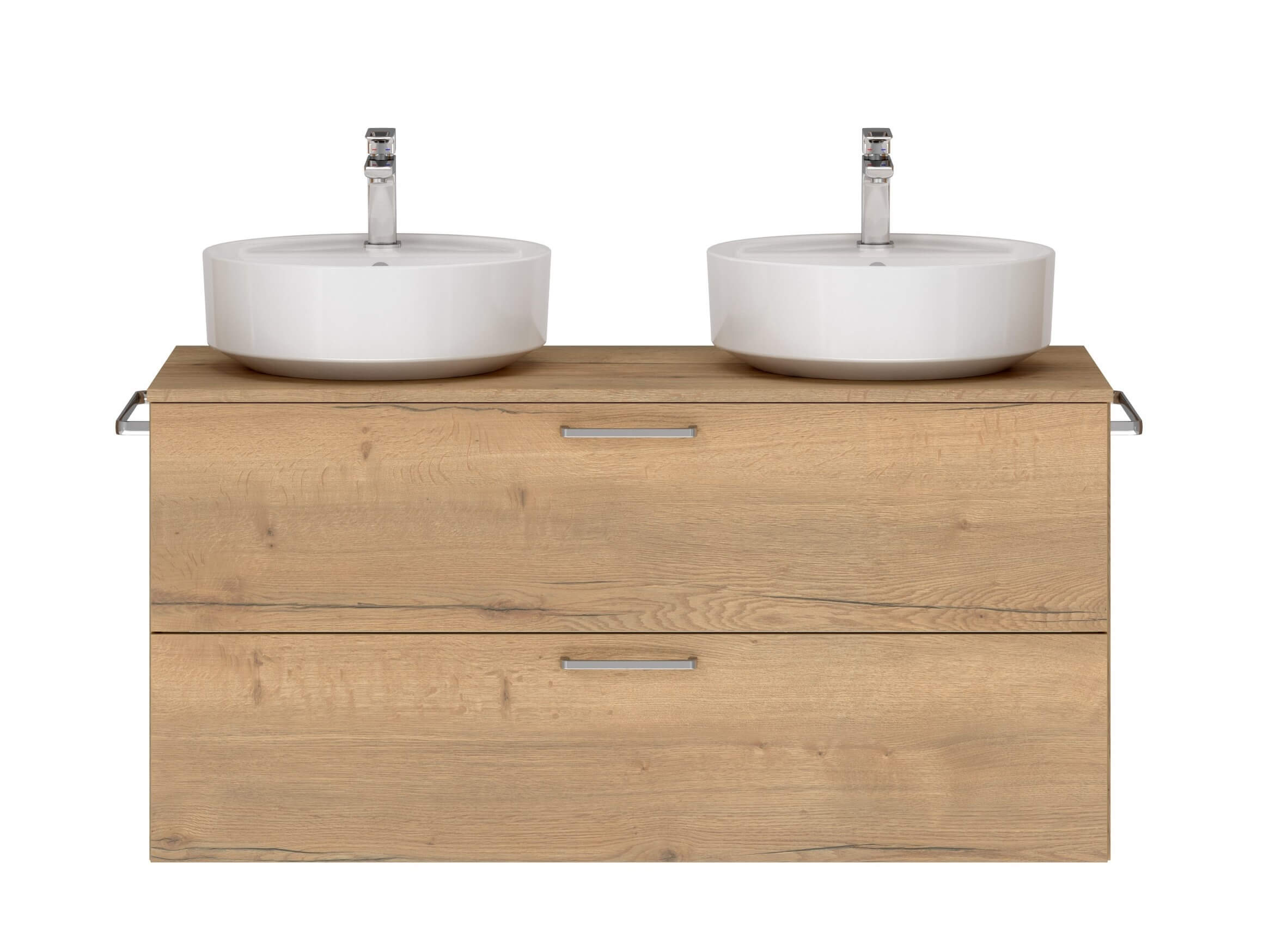 Badschrank braun mit zwei Schubladen mit zwei runden Aufsatzwaschbecken Handtuchhaltern und Armatur nobilia