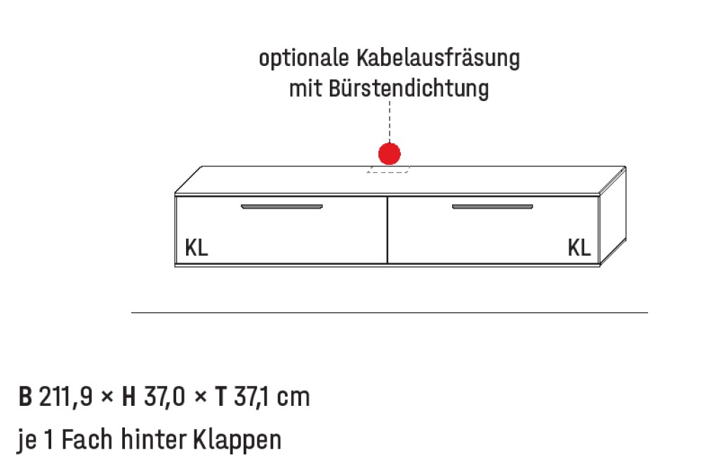 Illustration eines Lowboards mit Maßangabe und Bezeichnung vor weißem Hintergrund