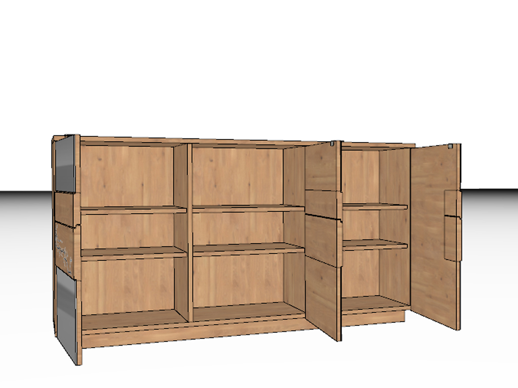 3D-Darstellung eines modernen Holzschranks mit offenen und geschlossenen Regalfächern, ideal für Wohn- oder Büroräume