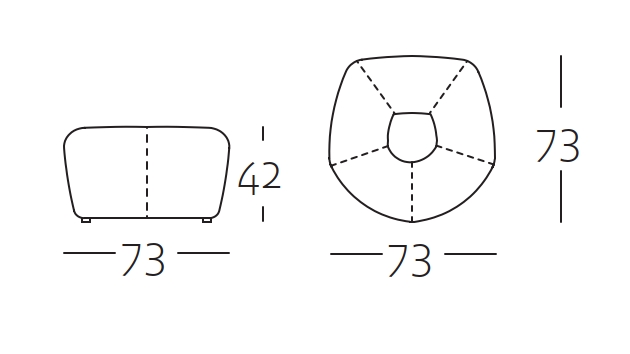 Diagramm der Abmessungen eines Polsterhockers mit den Maßen 73 cm Breite, 73 cm Tiefe und 42 cm Höhe, von vorne und oben gesehen.