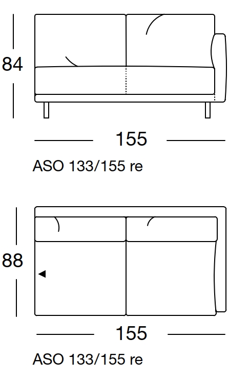 Maßzeichnung eines Sofaelements vor weißem Hintergrund freistil Rolf Benz 133