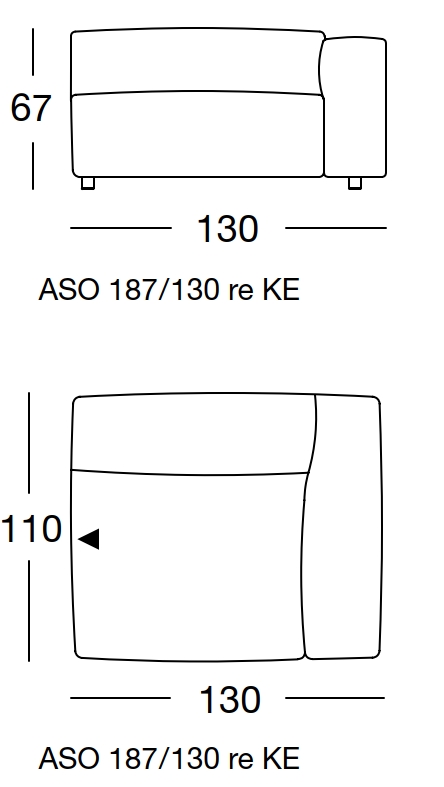 Maßzeichnung eines Sofaelements vor weißem Hintergrund freistil Rolf Benz 187
