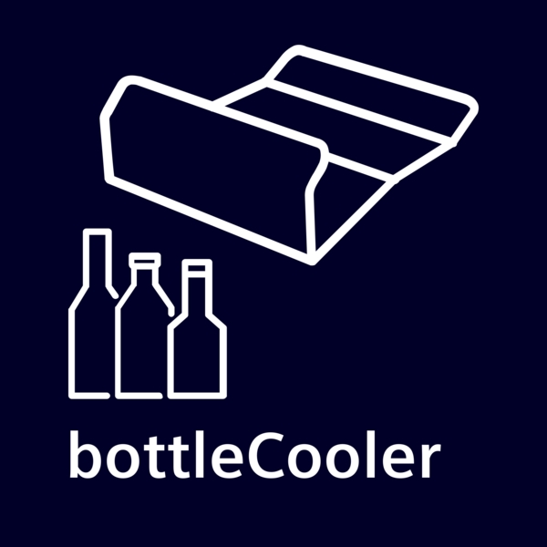 Weißer Flaschenhalter auf schwarzem Hintergrund mit drei stilisierten Flaschen und Text 'bottleCooler'