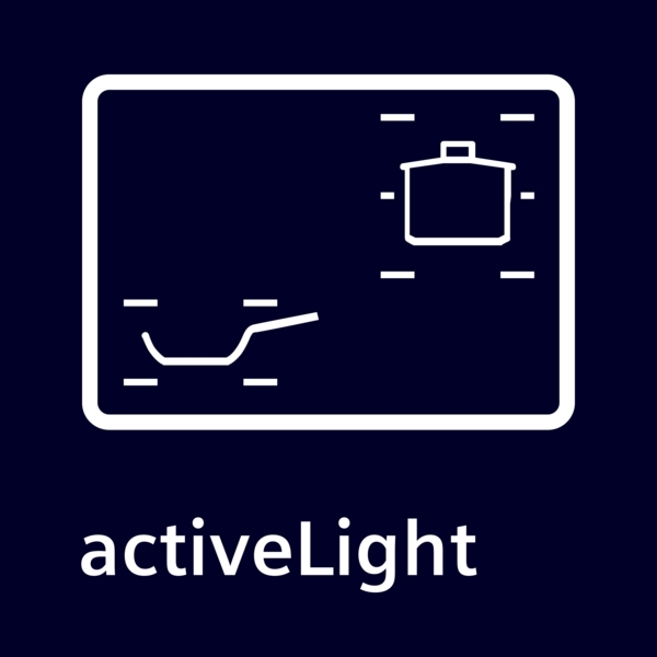 Diagramm eines Induktionskochfelds mit der Funktion activeLight und Topferkennungssymbolen