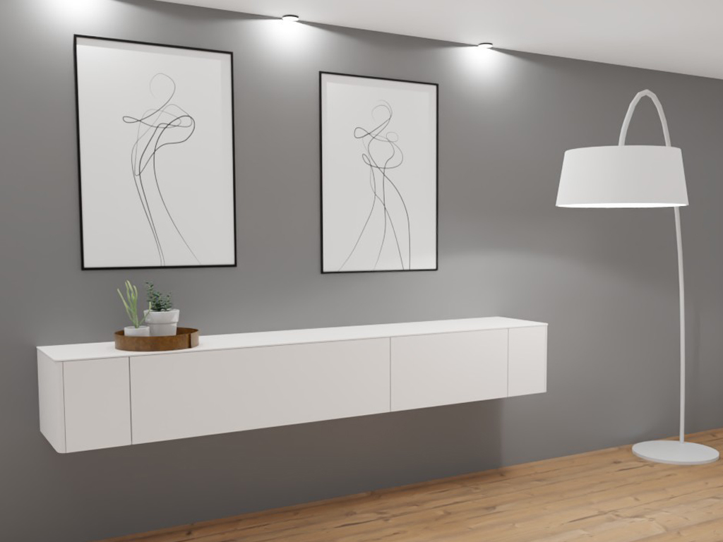 Sudbrock Goya - Lowboard | 2 Türen, 1 Schublade, 1 Klappe | B: 245,2 cm | Lack verkehrsweiß Ein elegantes Wohnzimmer mit zwei abstrakten Wandbildern, einem hängenden Sideboard mit Pflanzen und einer modernen Stehlampe, auf einem hölzernen Boden vor einer grauen Wand.