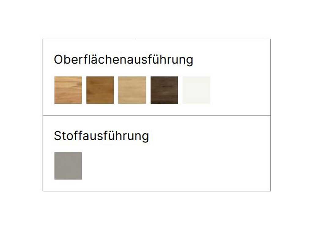 Eine Übersicht über die verfügbaren Farb- und Materialausführungen für das Hasena Bett Pistoia. Oben sind fünf Holzmuster zu sehen (verschiedene Eichen-, Buchen- und Nussbaumtöne sowie Weiß lackiert), darunter ein graues Stoffmuster für das Kopfteil.