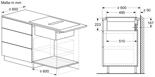 Illustration einer Einbauschublade mit detaillierten Maßangaben in Millimetern, passend für Küchenschränke mit einer Breite von mindestens 600 mm.