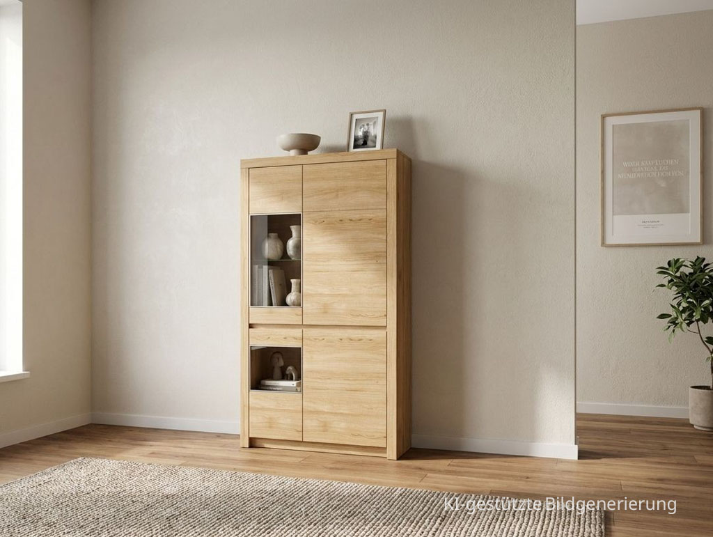 moderner brauner Holzschrank stilvoll dekoriert in einem hellen Raum, Bild KI generiert