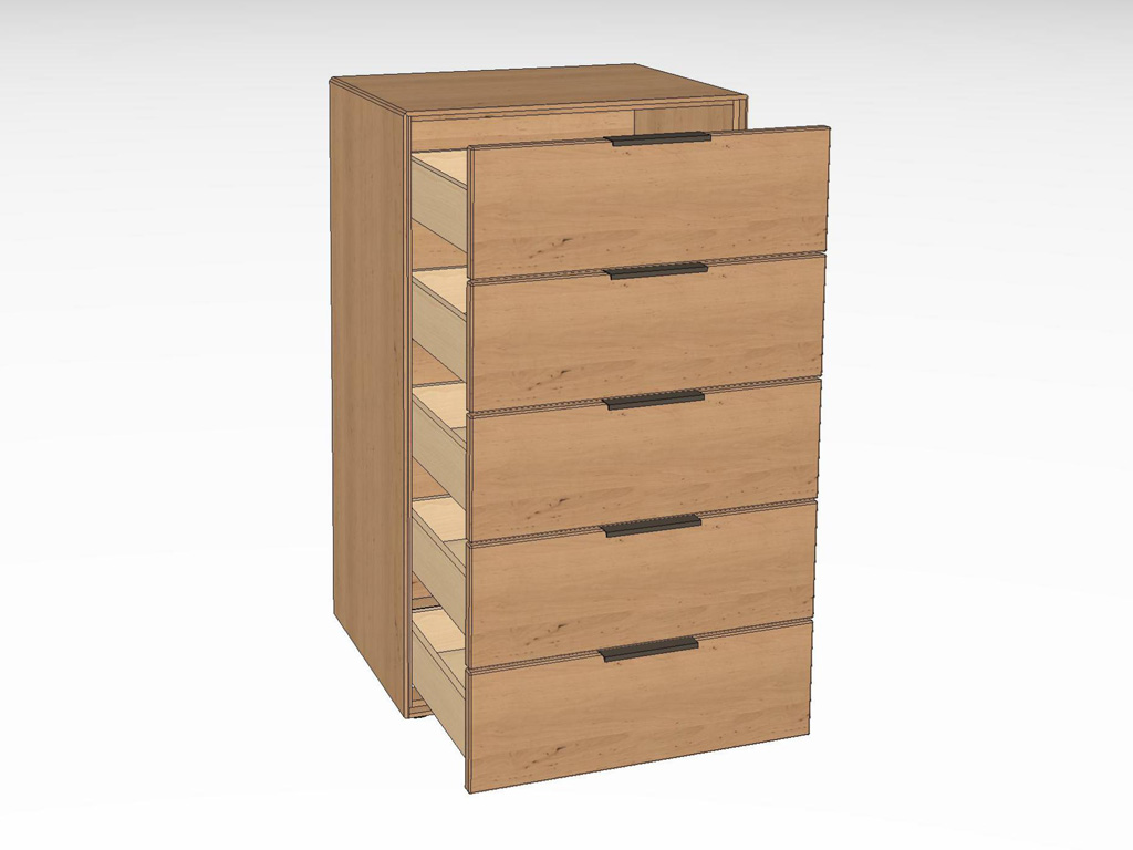 Eine geöffnete moderne Holzkommode mit fünf Schubladen in natürlichem Finish