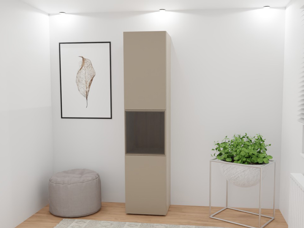 Sudbrock Cubo - Standvitrine | B: 50,0 cm | H: 217,8 cm | Lack terra | Türanschlag links Minimalistisches Wohnzimmer mit hohem Regal, Kunstbild, Sitzpouf und Pflanzenständer mit Blume