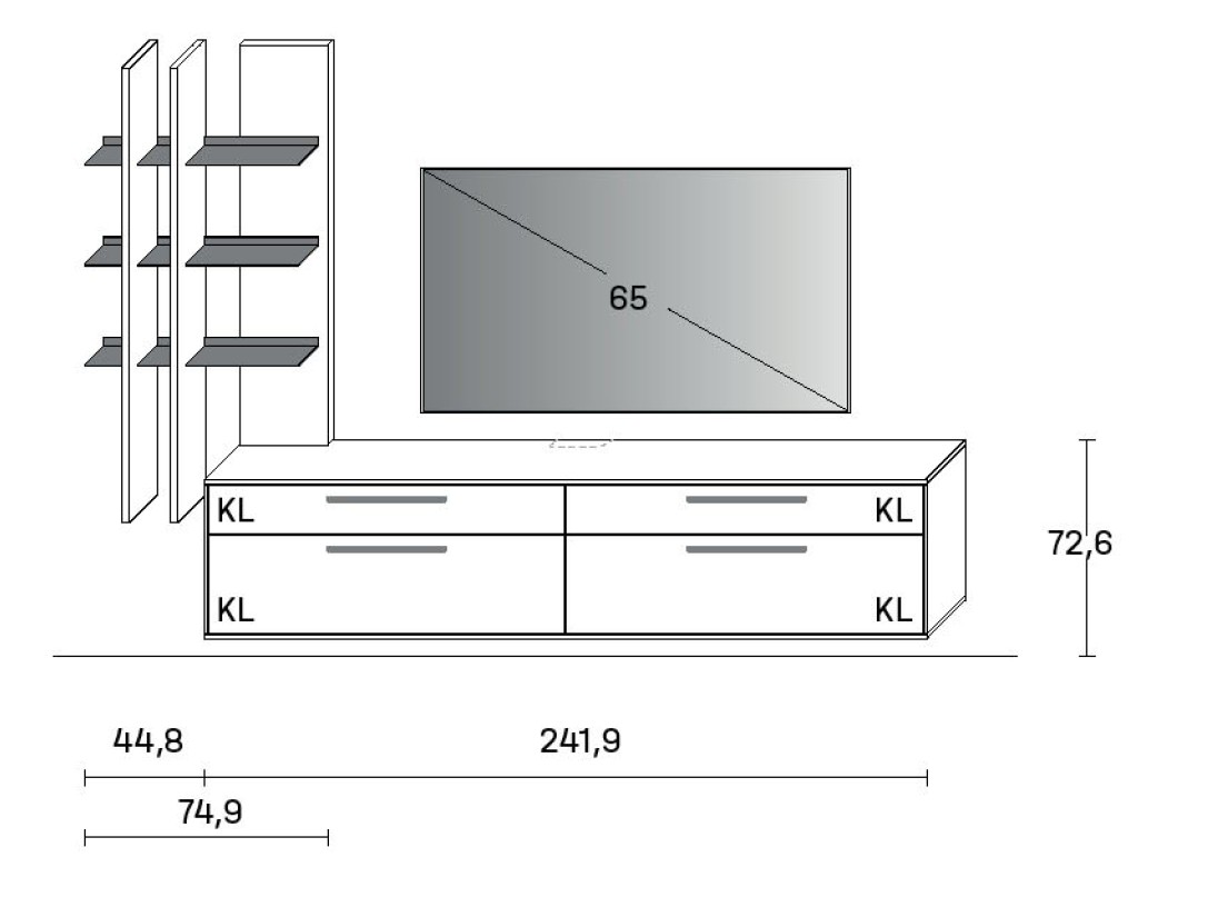 Maßzeichnung einer Wohnwandkombination vor weißem Hintergrund