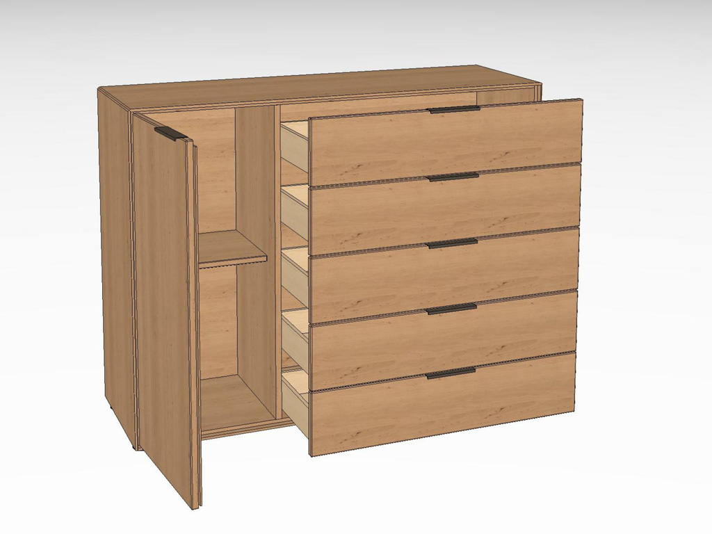 3D-Rendering eines modernen Holzschranks mit geöffneten Schubladen auf der rechten Seite und einer offenen Tür auf der linken Seite, die ein Regal zeigt.