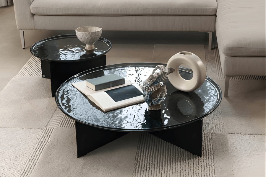 zwei Glas Couchtische rund in schwarz