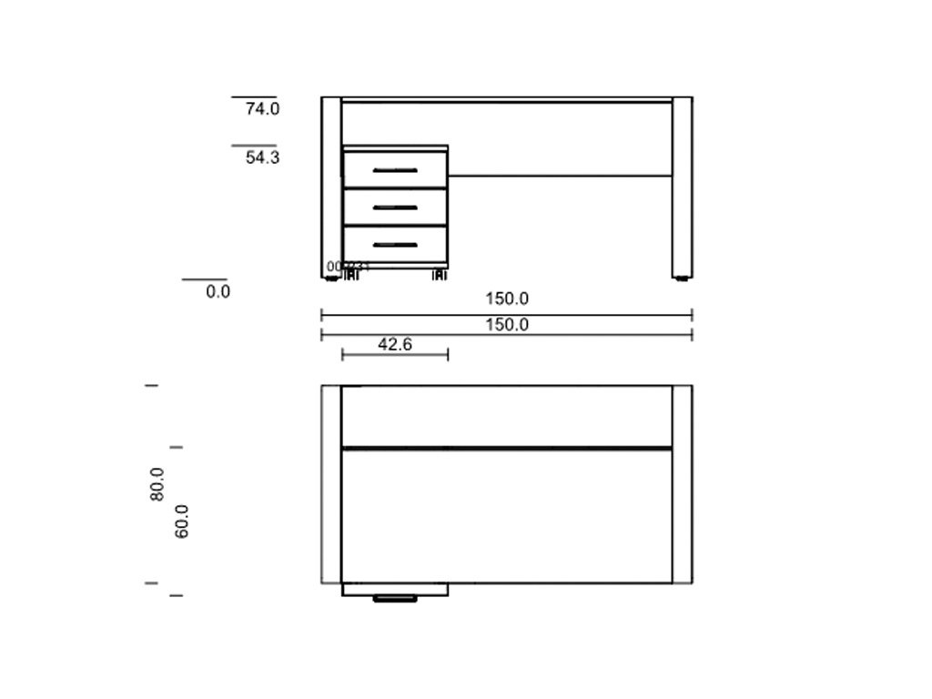 Schematische Darstellung eines Schreibtisches, 150 cm breit, mit drei Schubladen, Höhe 74 cm, Detailmaße angegeben