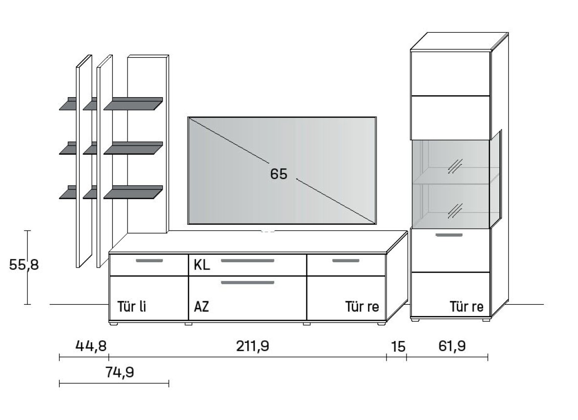 Maßzeichnung einer Wohnwand vor weißem Hintergrund