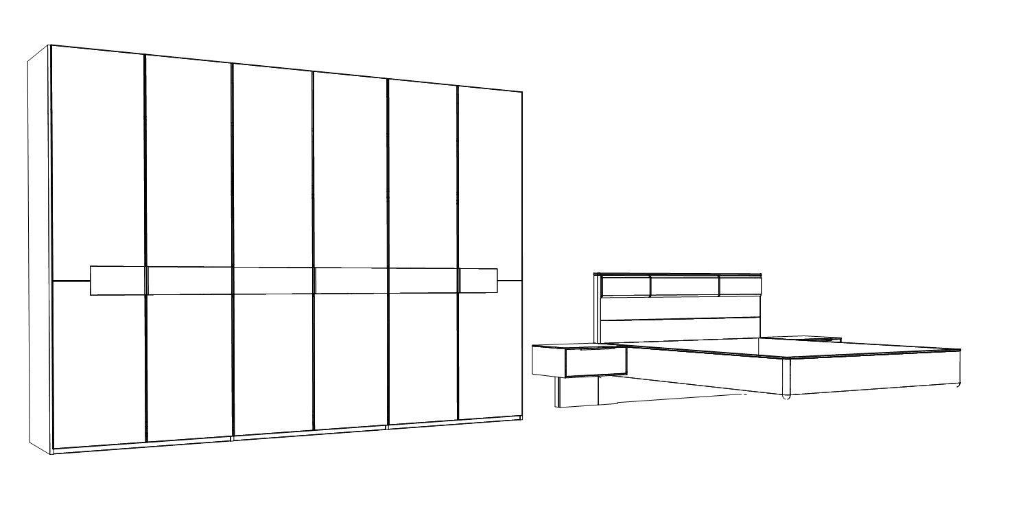 Illustration eines sechstürigen Schrankes und einem Bett mit Nachtschränken vor weißem Hintergrund