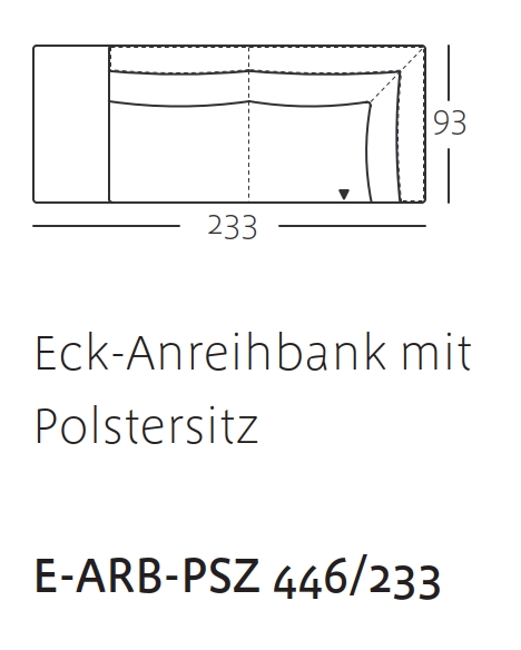 Illustration einer Eck-Anreihbank mit Polstersitz, Modell E-ARB-PSZ 446/233, Abmessungen 233x93 cm