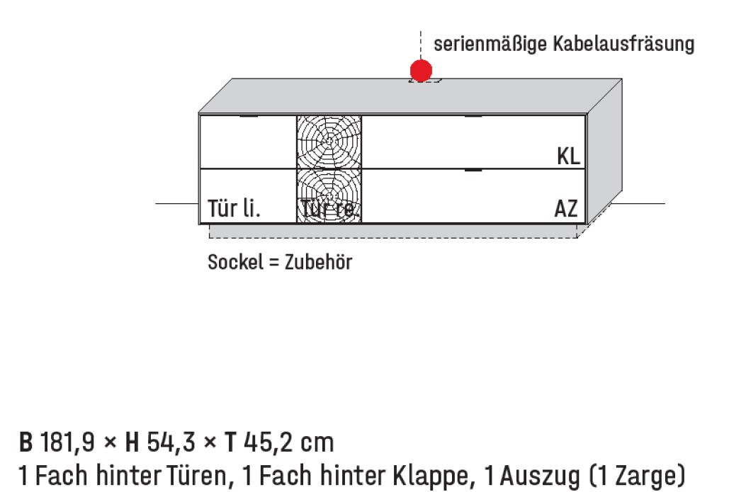 Illustration eines Lowboards und Beschriftung vor weißem Hintergrund