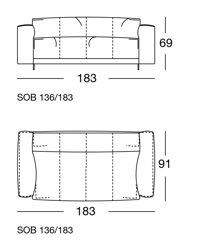  Maßzeichnung eines Sofaelements vor weißem Hintergrund freistil Rolf Benz 136