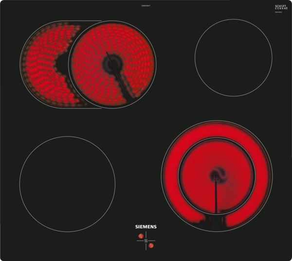 Siemens - Elektro-Kochfeld iQ300 (60 cm) | herdgesteuert | flächenbündig | EA601GN17 Schwarzes Siemens Glaskeramik-Kochfeld mit vier Kochfeldern, teilweise rot leuchtend