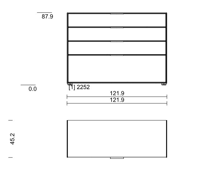 Maßzeichnung einer Kommode vor weißem Hintergrund