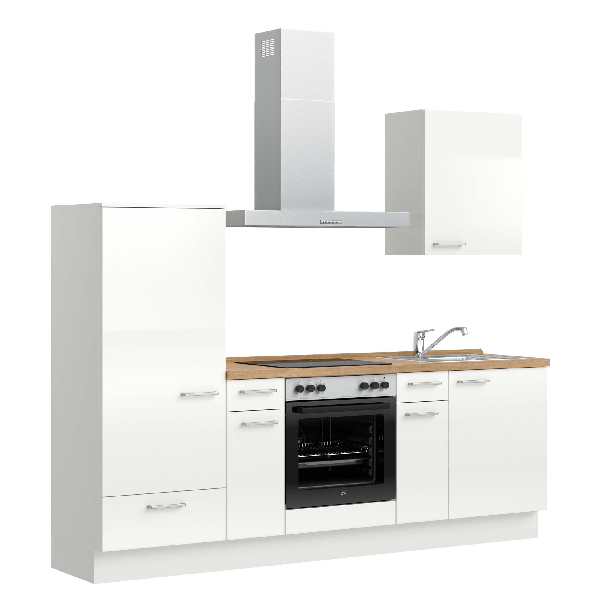 küchenzeile weiß, braun mit Backofen, Herd, Dunstabzugshaube, Waschbecken, Armatur nobilia flash
