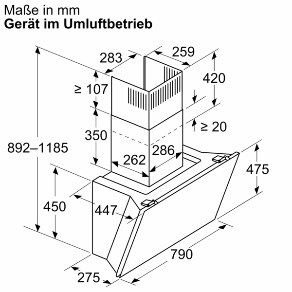 Technische Zeichnung mit Bemaßung für ein Gerät im Umluftbetrieb, einschließlich Höhen- und Breitenangaben