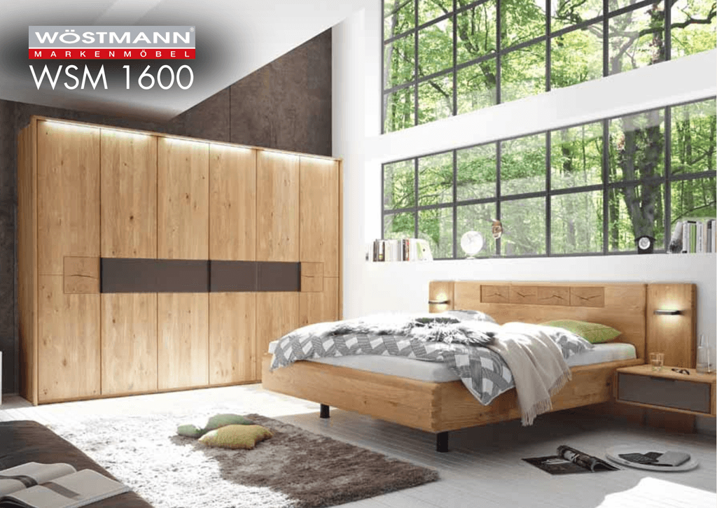 Massivholz Bett und Kleiderschrank mit Oberbeleuchtung und Akzent in dunkelgrau