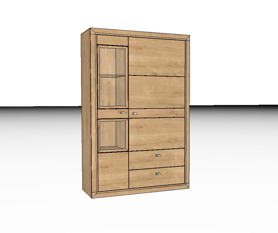 Wöstmann Aurum - Schrank mit Tür und Schubkasten | Type 4083/4084 | B: 108,2 cm | Wildeiche massiv | konfigurierbar Bild eines modernen Holzschranks mit Glastüren, Regalfächern und mehreren Schubladen. Perfekt zur Aufbewahrung in Wohn- oder Esszimmer.