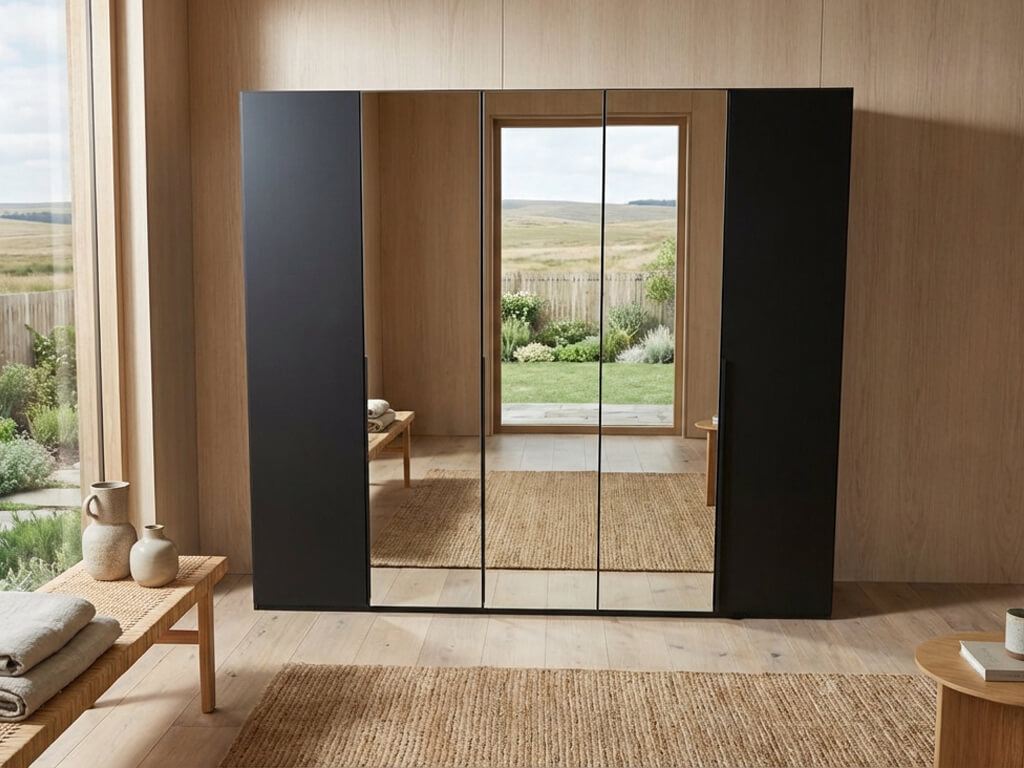 rauch BLACK - Scaletta Drehtürenschrank, 5-türig, 3 Spiegeltüren | B: 250, H: 223 cm | versch. Dekore, Massivholz oder Glas konfigurierbar