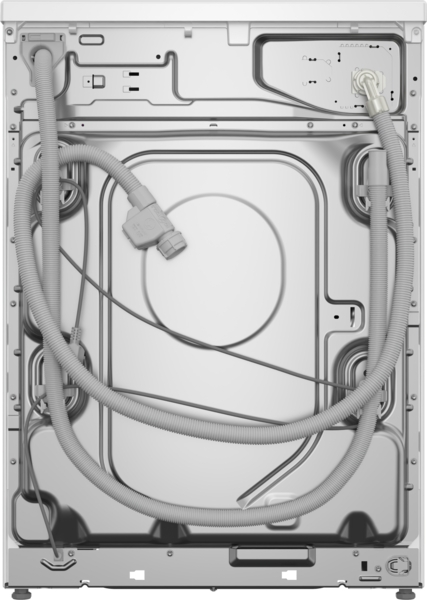 Die Rückseite einer Geschirrspülmaschine mit sichtbaren Schläuchen und elektrischen Anschlüssen.