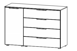 Illustration einer Kommode mit vier Schubladen und einer Drehtür vor weißem Hintergrund