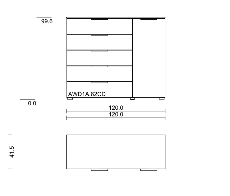 Maßzeichnung einer Kommode mit fünf Schubladen und einer Drehtür vor weißem Hintergrund