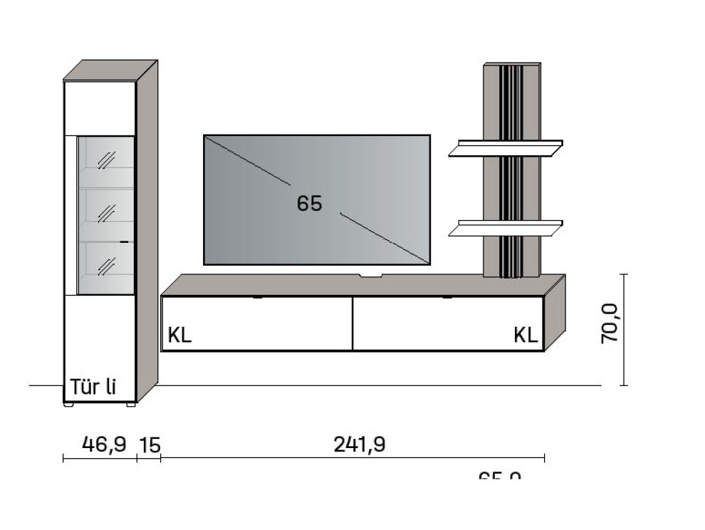 Illustration einer Wohnwand mit Maßangaben vor weißem Hintergrund