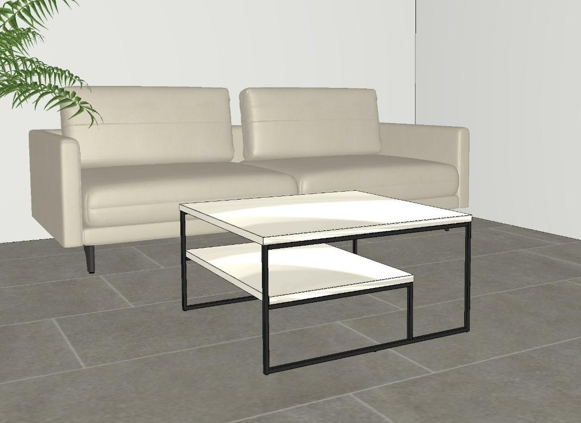 weißer couchtisch mit ablage und schwarzem metallgestell an beigem sofa 