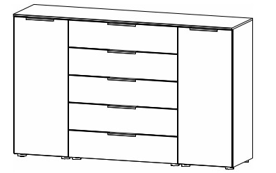 Illustration einer Kommode mit 5 Schubladen und zwei Türen vor weißem Hintergrund