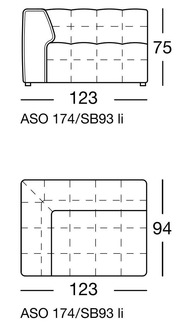 Maßzeichnung eines Sofaelements vor weißem Hintergrund