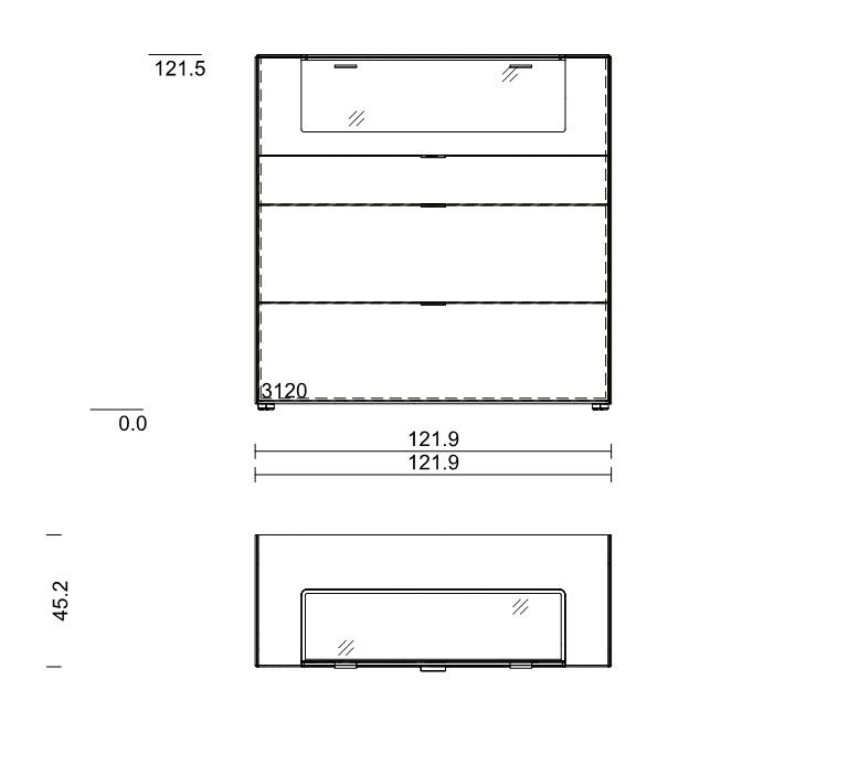 Maßzeichnung eines Highboards vor weißem Hintergrund