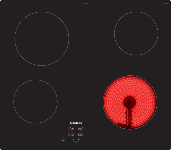 Siemens powerLine  - Elektro-Kochfeld iQ100 (60 cm) | Rahmenlos aufliegend | ET611AEA1E Ein schwarzes Siemens Elektrokochfeld mit vier Kochzonen, wobei eine Kochzone rot leuchtet.