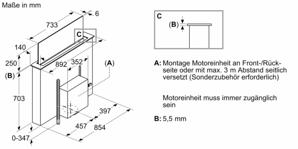 Technische Zeichnung mit Maßangaben zur Montage einer Motoreinheit, inklusive Front- und Rückseiteninstallation und Anforderung an die Zugänglichkeit.