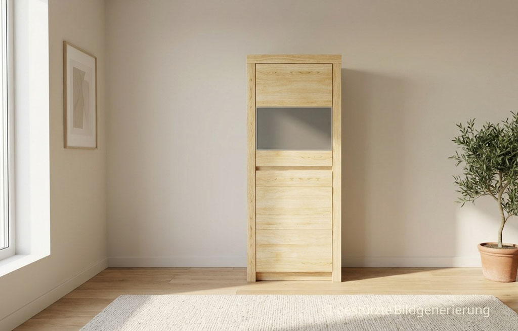 moderner Holz-Vitrinenschrank in einem hellen Raum, Bild KI generiert
