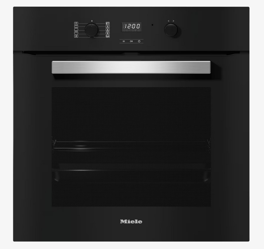 Freisteller eines schwarzen Miele H 2455 BP Backofens mit Edelstahlelementen und einer digitalen Zeitanzeige von "12:00".