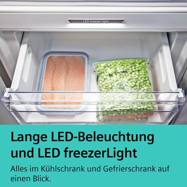 Oberes Fach eines Gefrierschranks mit LED-Beleuchtung, das Lachsfilets und eine Tüte Erbsen enthält