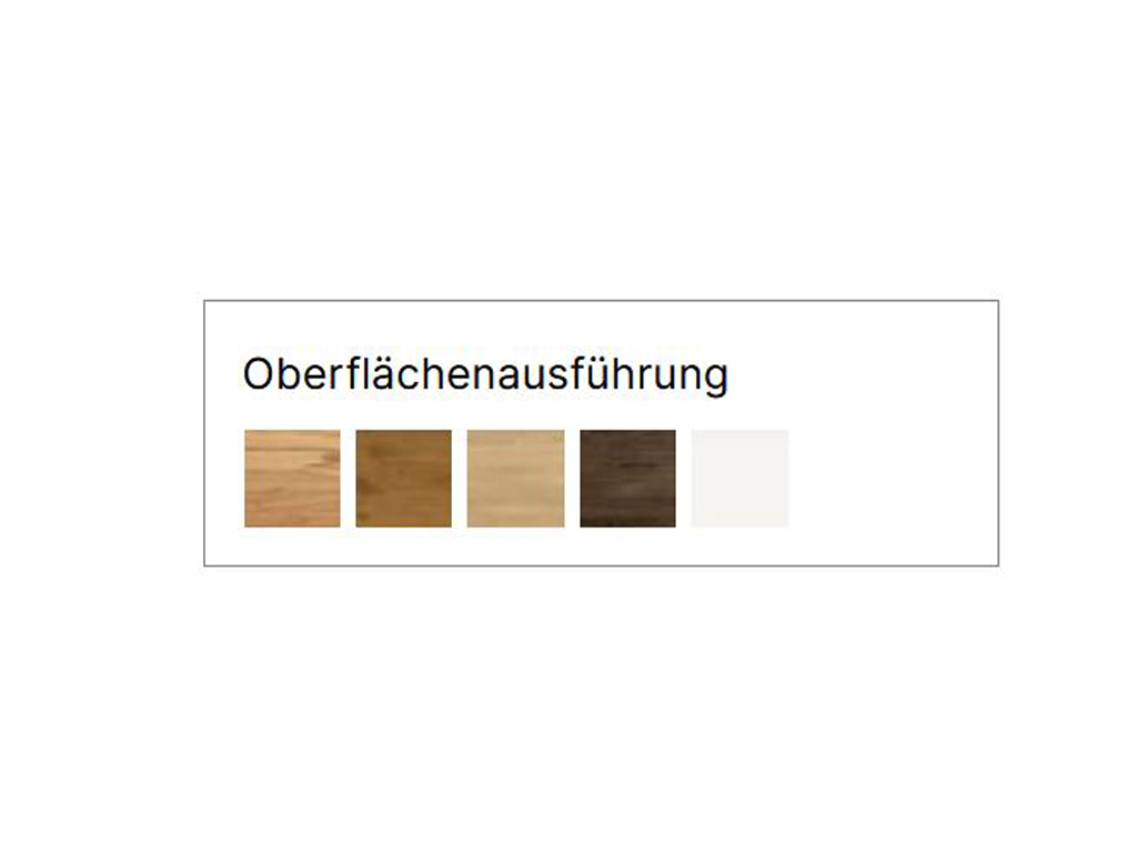 Eine Abbildung der verfügbaren Farbausführungen für das Hasena Bett Caluso. Dargestellt sind fünf Holz-Muster in verschiedenen Tönen und eine weiße Farbfläche.