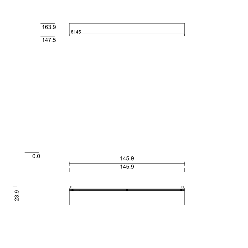 Technische Zeichnung mit den Maßen 163.9, 147.5 und 145.9 für ein rechteckiges Objekt, Front- und Seitenansicht
