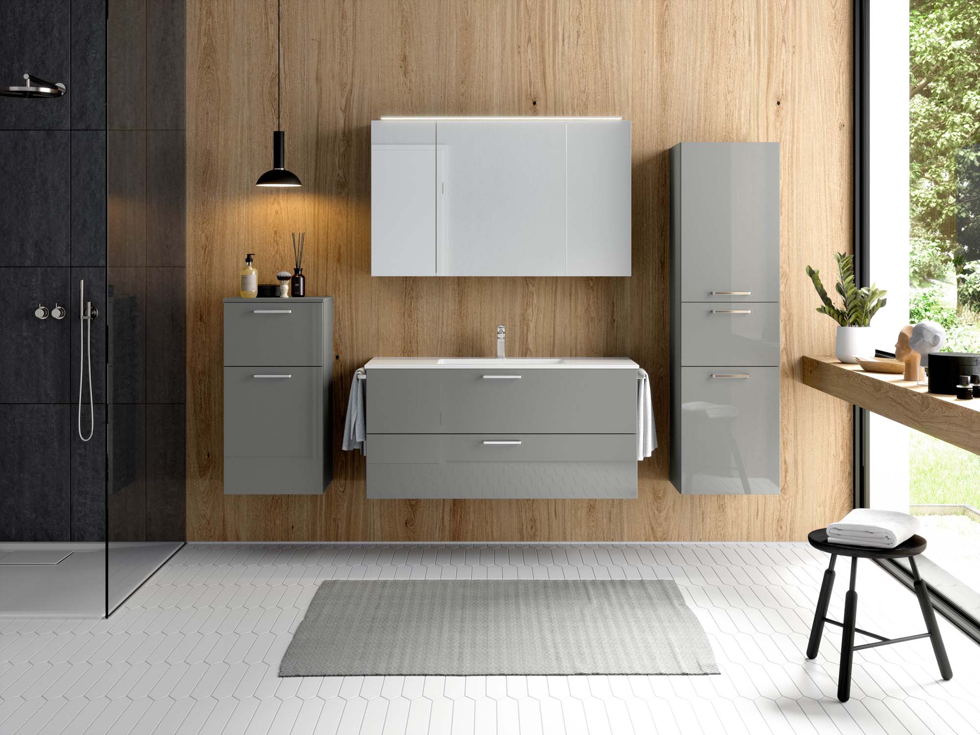Badezimmermöbel-Set 3 Schränke grau mit Waschtisch und Spiegelschrank nobilia 
