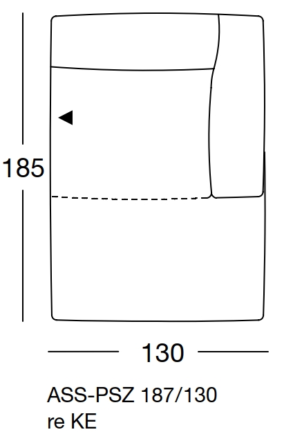 freistil Rolf Benz 187 - Abschlusssessel mit Polstersitz rechts | B: 130 cm | ASS-PSZ 187/130re KE Maßzeichnung eines Sofaelements vor weißem Hintergrund freistil Rolf Benz 187