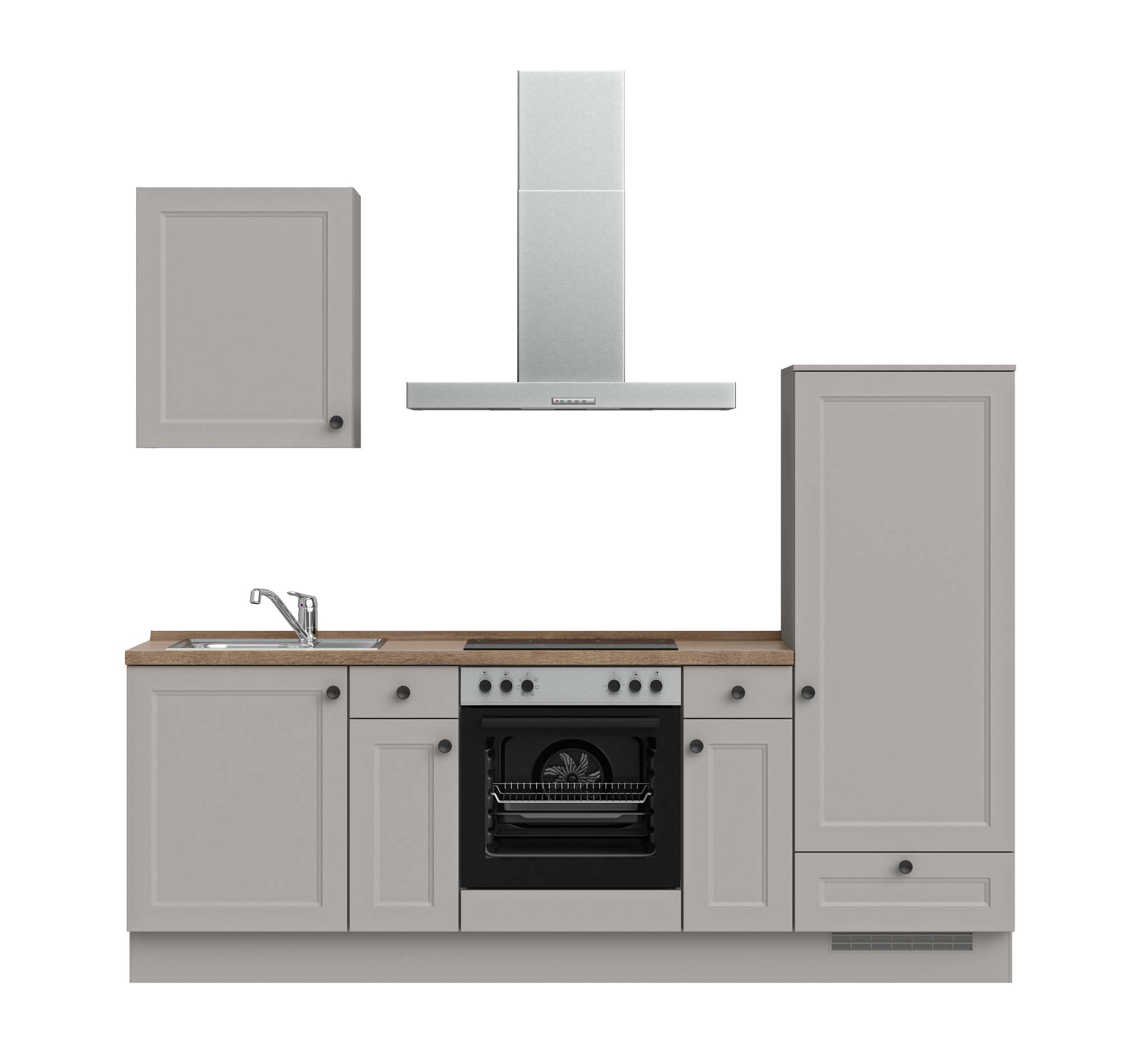 küchenzeile grau, braun mit Backofen, Herd, Dunstabzugshaube, Waschbecken, Armatur nobilia cascada