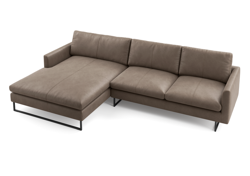 Modernes, braunes Ledersofa mit Ottomane und schwarzen Metallfüßen